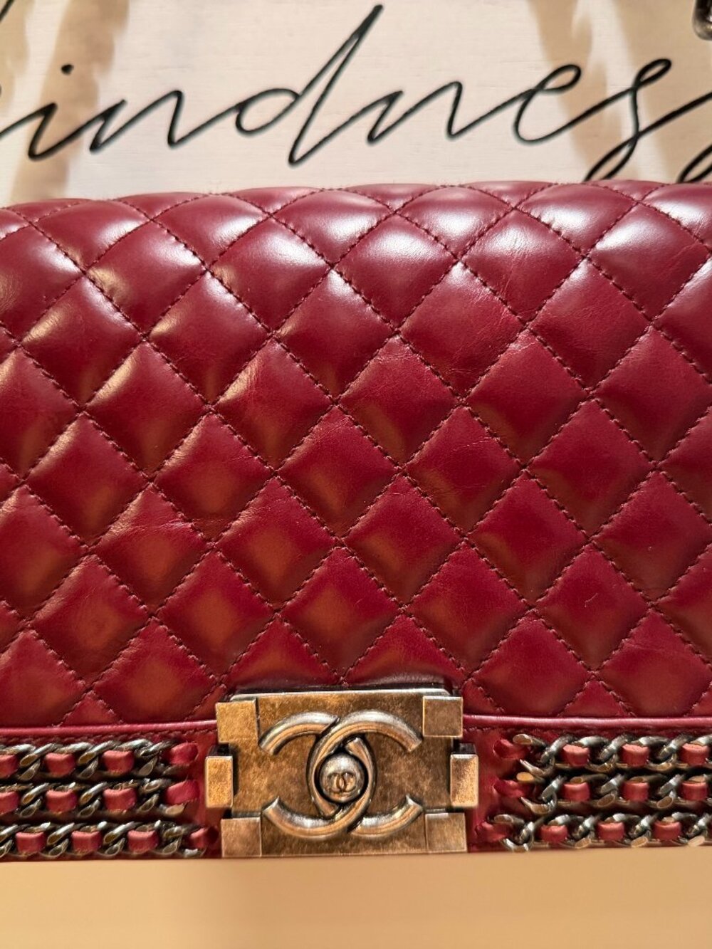 CHANEL Burgundy Chain Around Quilted Calfskin Maxi Boy Bag Ruthenium Purse CC